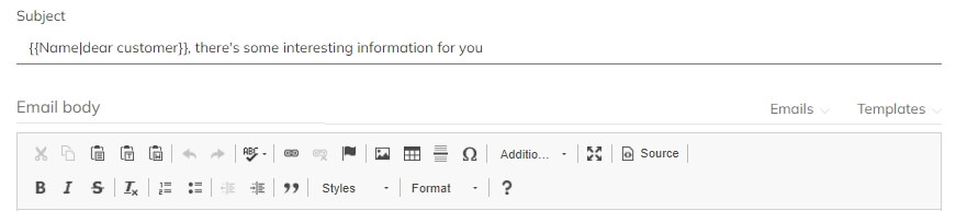 The email editor with the subject line for the email: {{Name| dear customer}}, there’s some interesting information for you