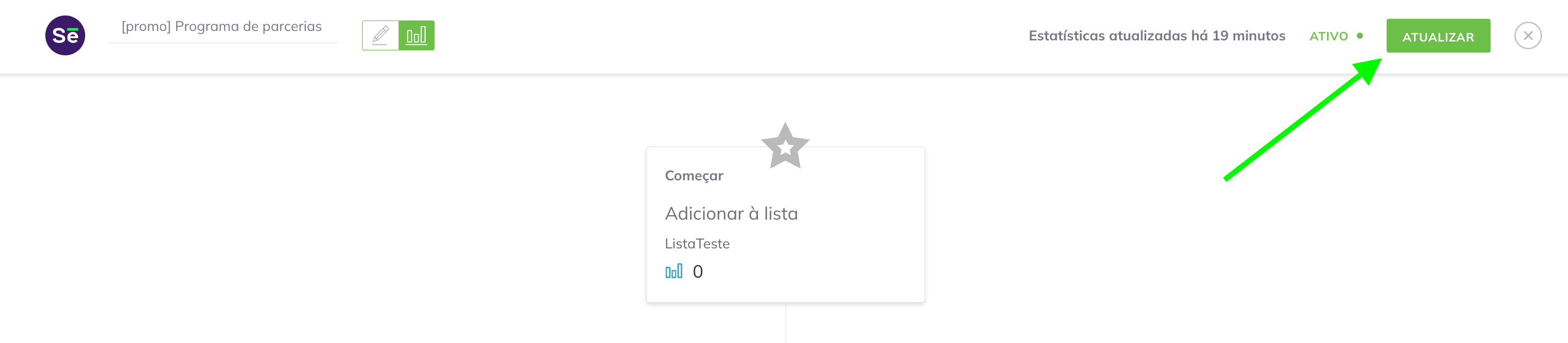 No canto superior direito da tela, você pode ver a última vez que as estatísticas da automação foram atualizadas (19 minutos no exemplo) e clicar em Atualizar para obter os dados mais recentes imediatamente. 