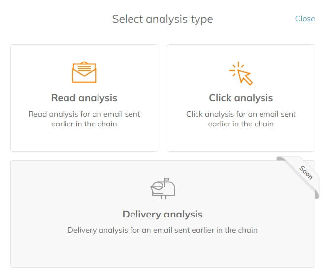  In the Email activity menu, you can select the analysis type (Read analysis or Click analysis). The Delivery analysis option will be available soon
