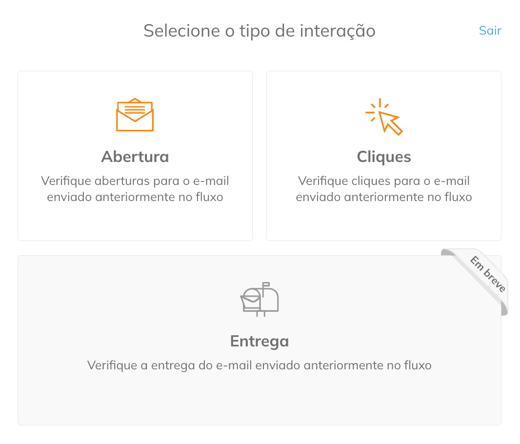 No menu Interação com o e-mail, você pode selecionar o tipo de análise (Abertura ou Clique). A opção análise de entrega estará disponível em breve 