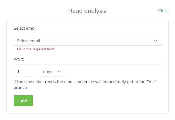 In the Read analysis menu, select the email to analyze and specify the wait time in minutes, hours, or days.