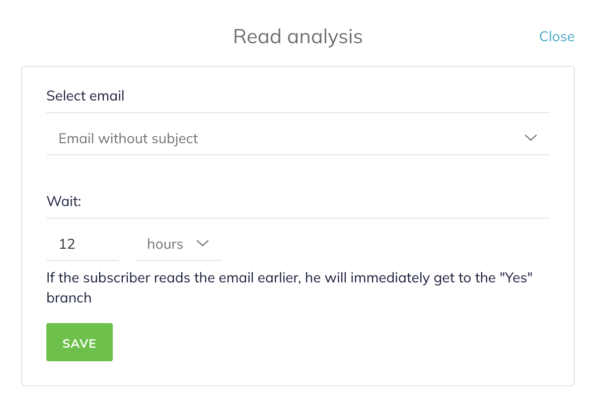 A Read analysis block for an email without a subject and with a Wait period of 12 hours