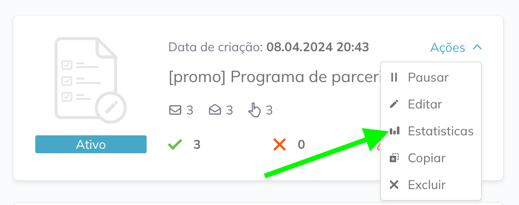 Uma automação ativa na lista de automações com as opções Pausar, Editar, Estatísticas, Copiar e Excluir no menu suspenso de Ações.