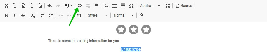 The email editor with the word Unsubscribe selected and an arrow pointing to the link edit symbol at the dashboard