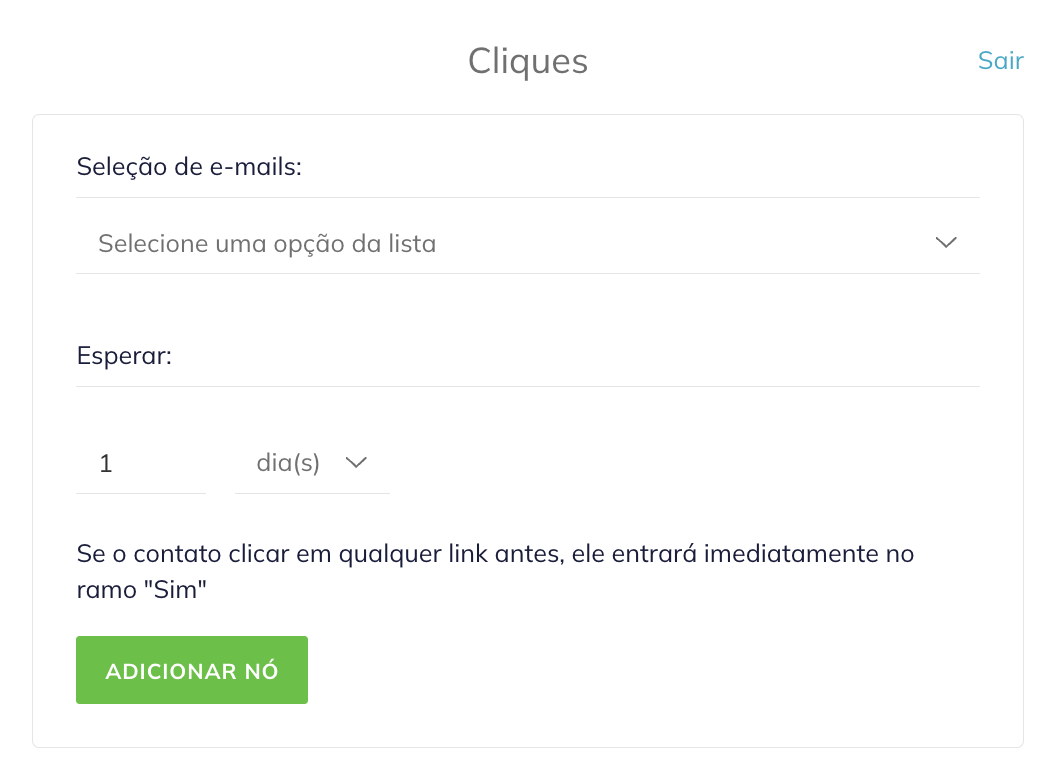 No menu de Cliques, selecione o e-mail para analisar e especifique o tempo de espera em minutos, horas ou dias. 