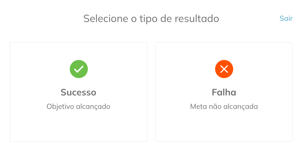 No menu do bloco Resultado, você pode selecionar o tipo de resultado Sucesso ou Falha. 