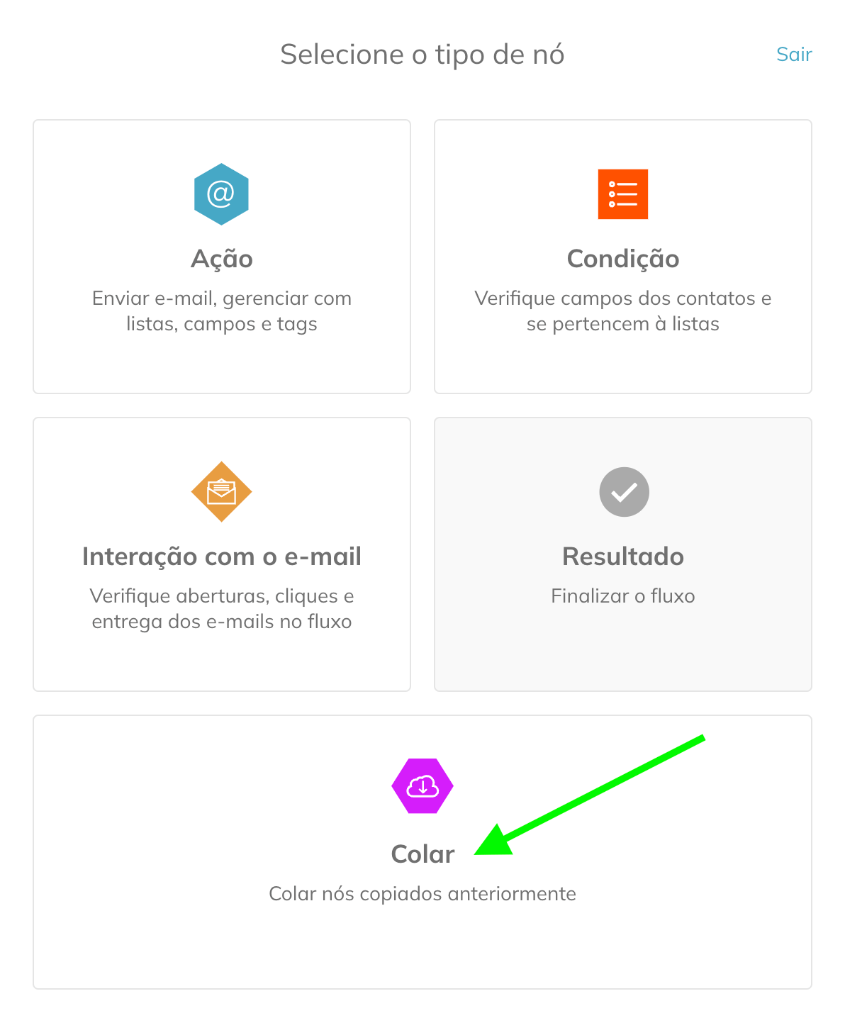 Para colar um bloco copiado ou um grupo de blocos, selecione Colar na janela Selecionar tipo de bloco. 