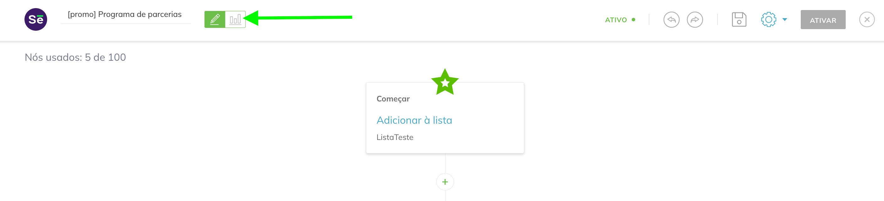 Acesse as estatísticas a partir do editor de automação clicando no ícone de gráficos no canto superior esquerdo, ao lado do nome da automação.