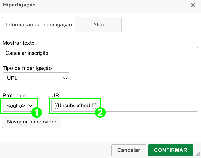 O editor de parâmetros do link com o tipo de protocolo definido como <outro> e a variável {{UnsubscribeUrl}} digitada no campo URL.
