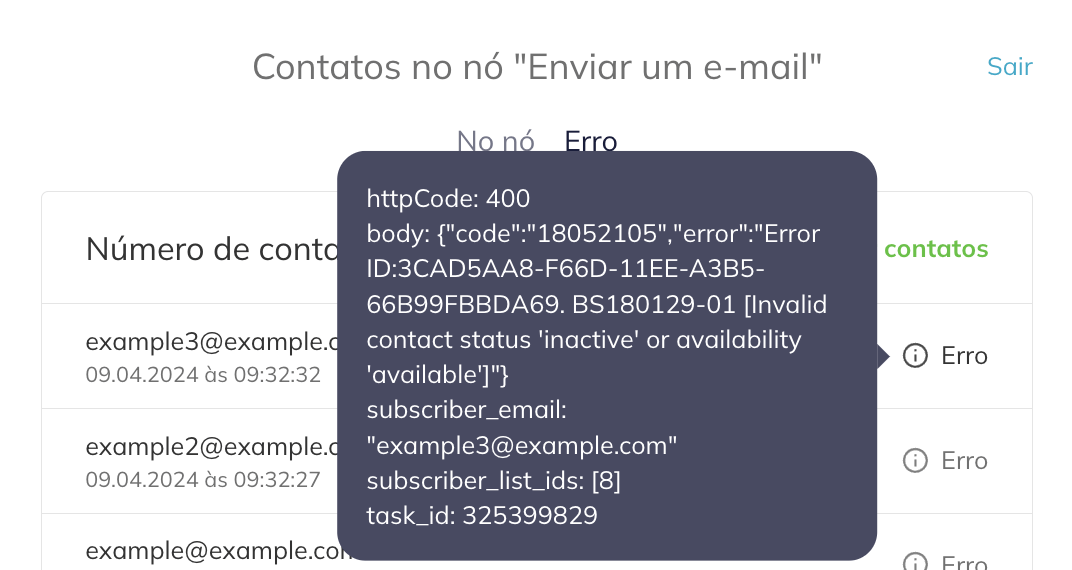 A informação de erro indica o código http, o e-mail do assinante e a razão do erro (neste caso, o Contato tinha o status "inativo").