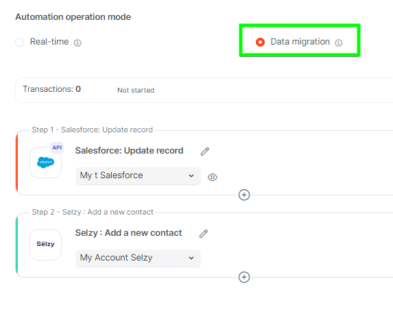 Automation operation mode menu with Data migration option checked.