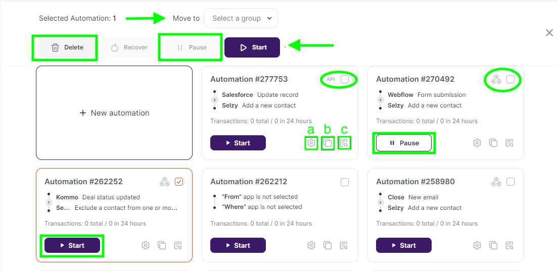 My Automations interface with options to pause, start, and delete automations, create groups, change the automation settings, copy an automation, and see the automation log. 