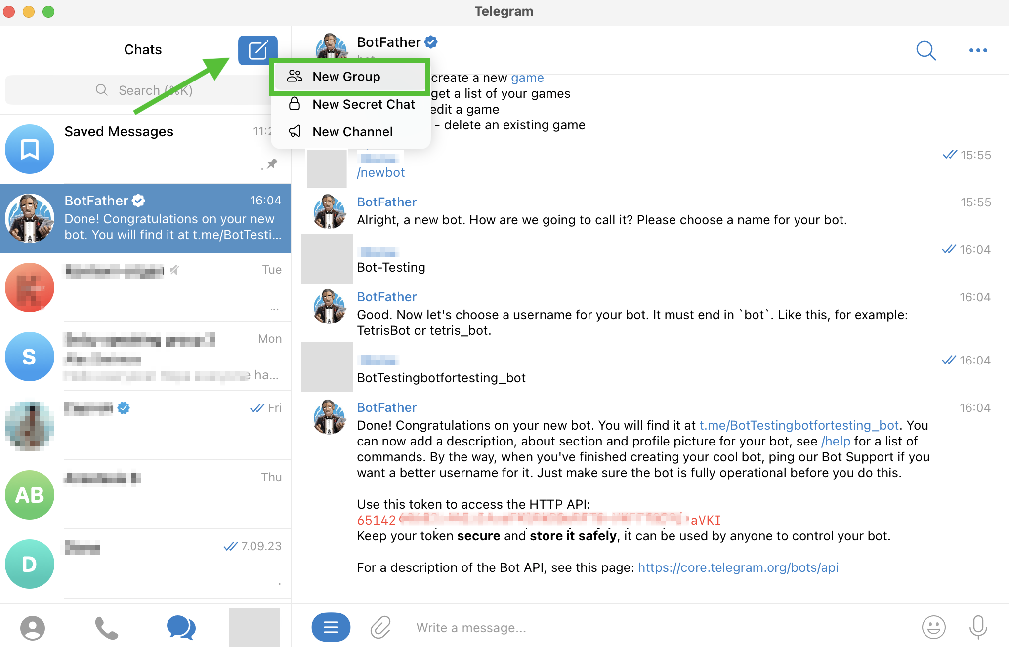 Create a new group in Telegram to store the notifications from your chatbot