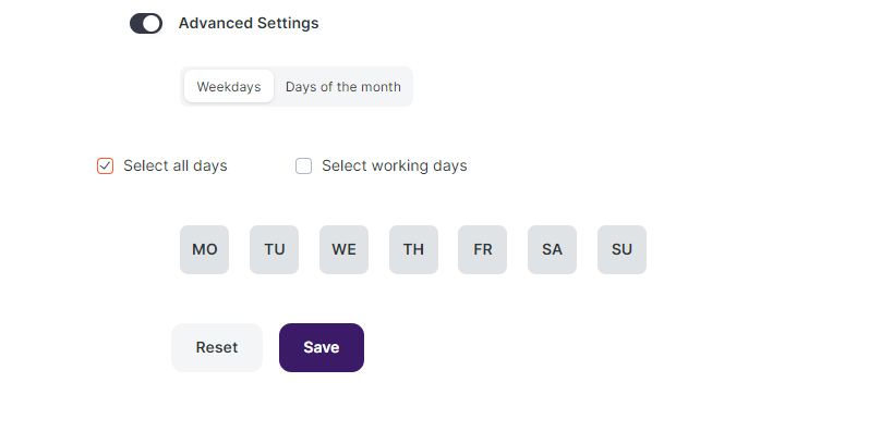 The advanced settings menu allows you to select the days of the week or month when the automation will function.