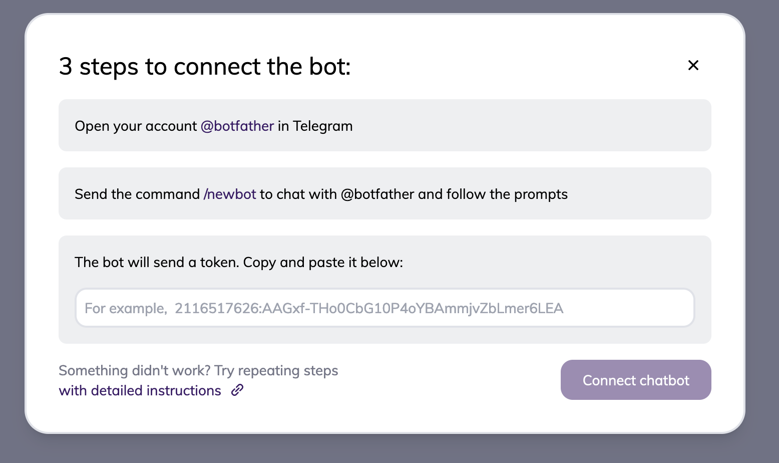 3 steps to connect the bot instructions in the popped-up window