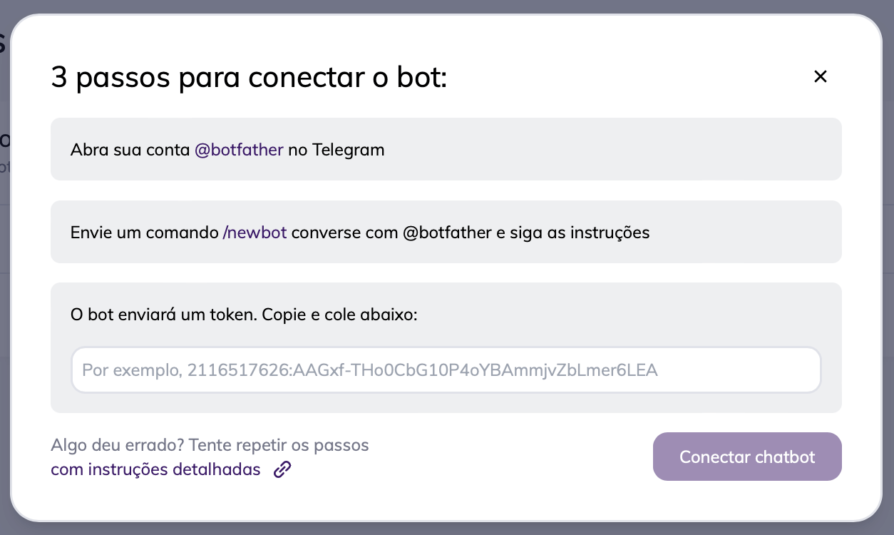 3 passos para conectar o bot, instruções em janela pop-up.