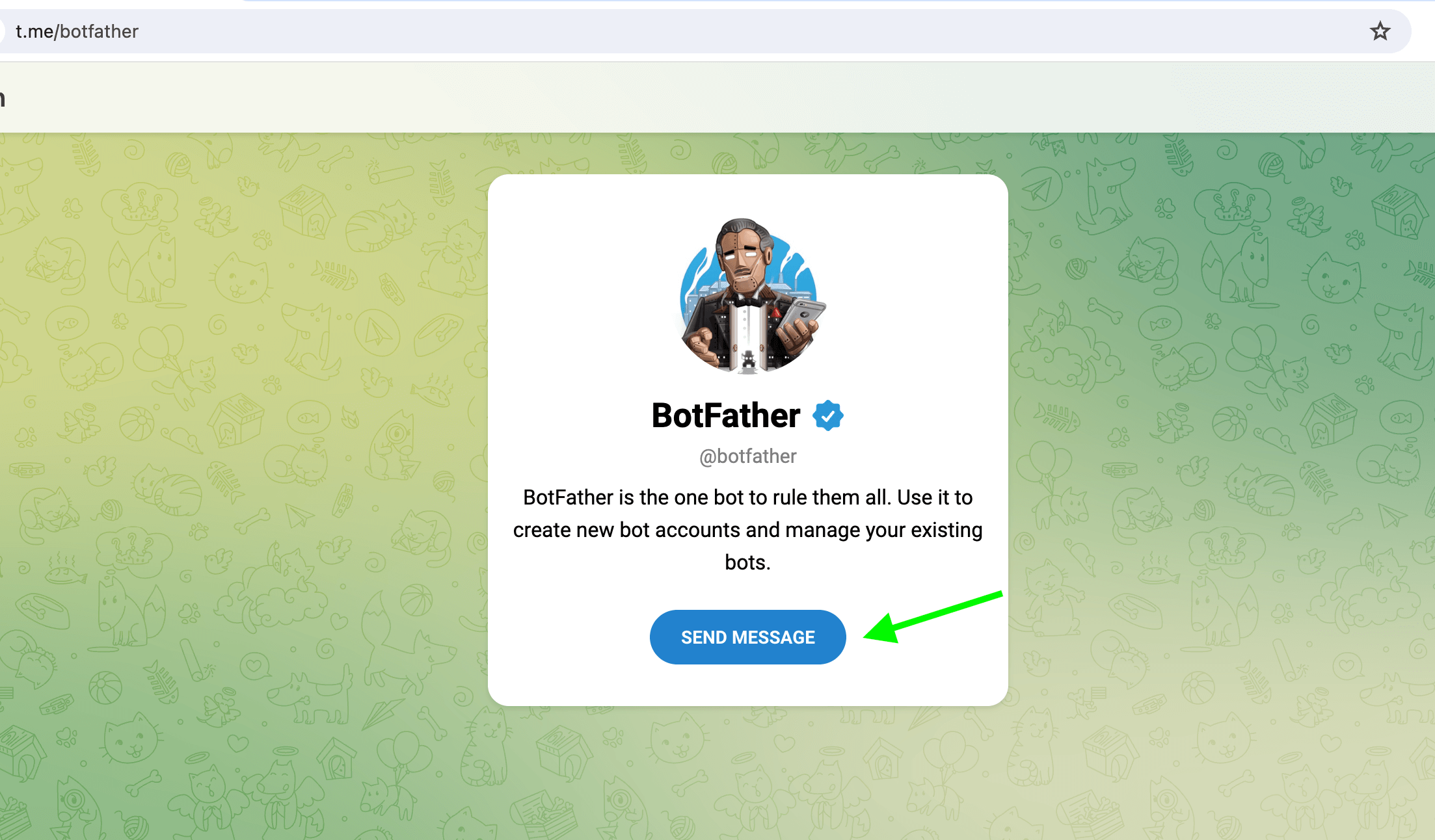Clique em Send message para abrir o BotFather no Telegram em seu desktop.