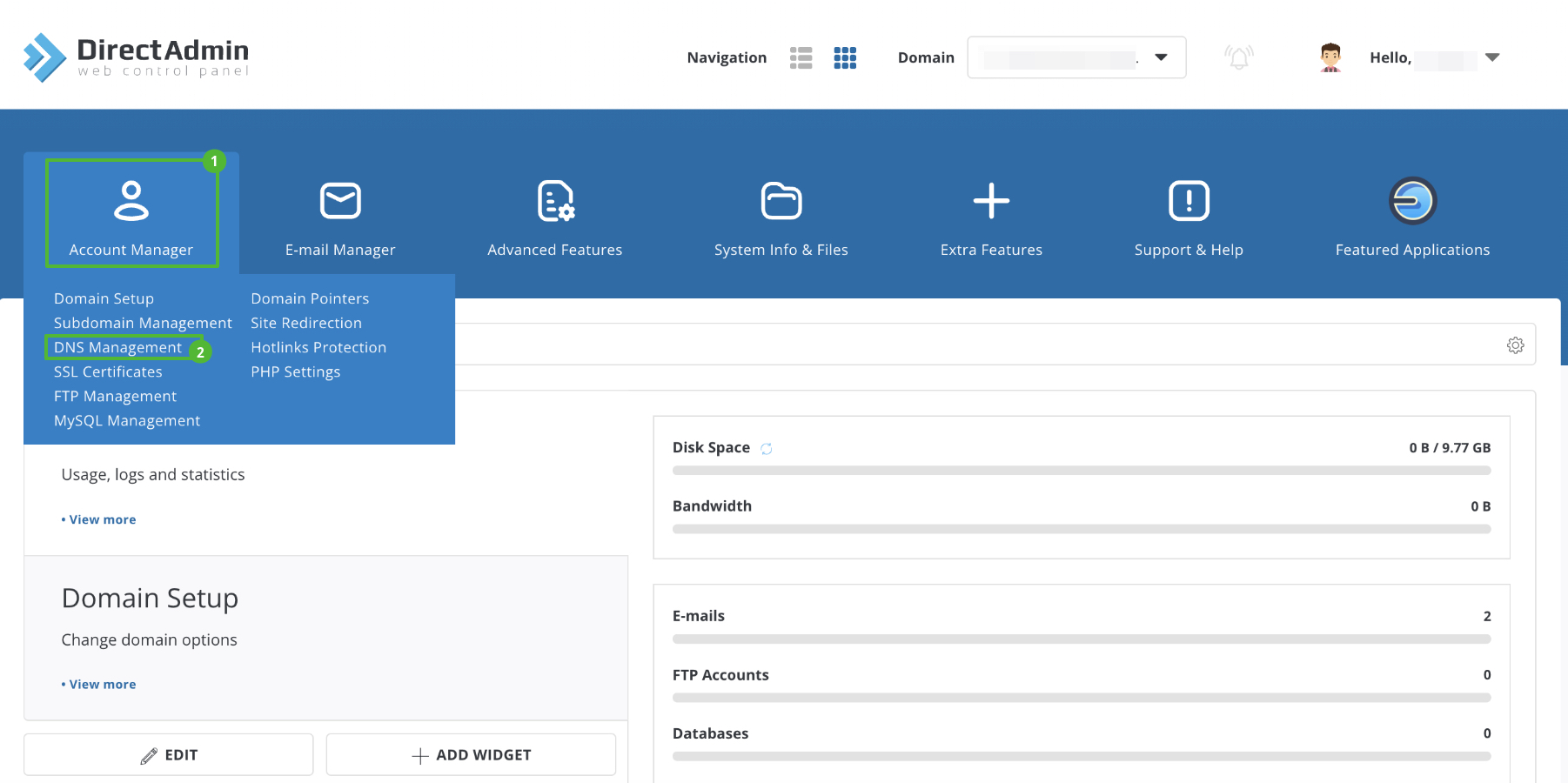 The main page of the hosting control panel at DirectAdmin