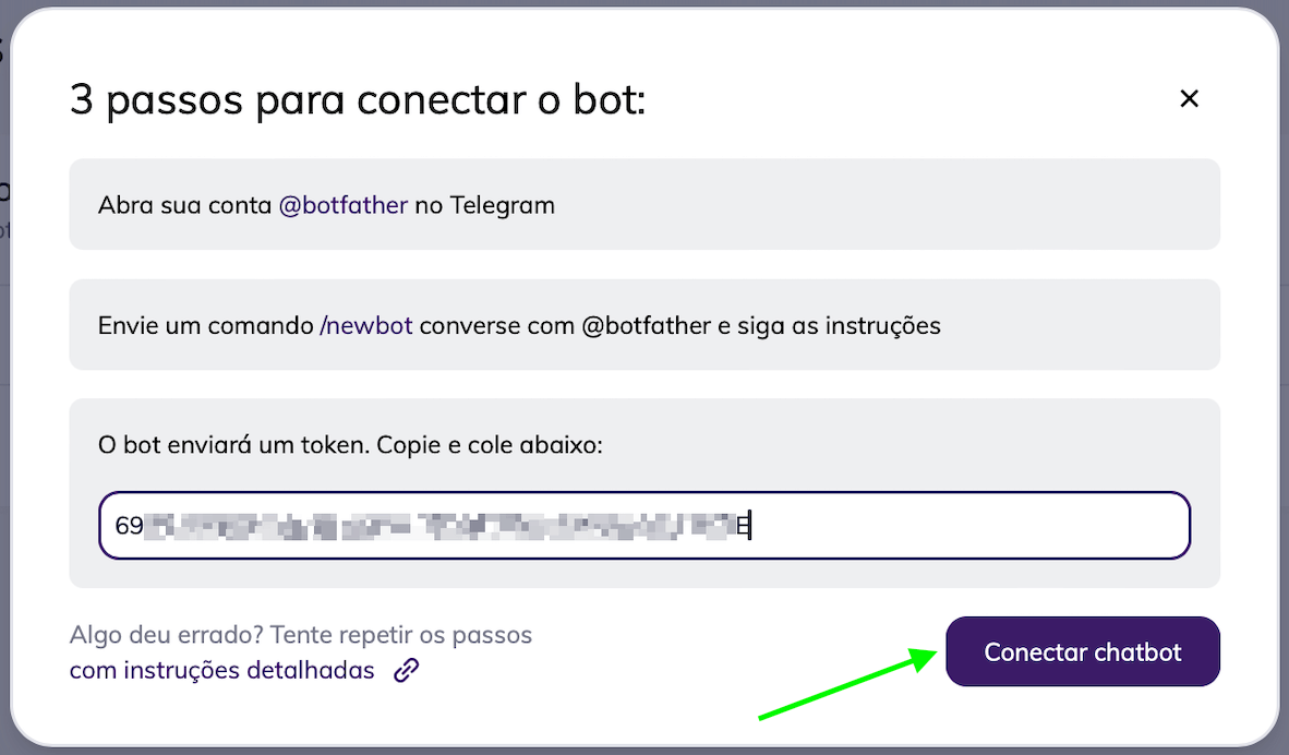Inserindo o token recebido pelo BotFather e clicando em Conectar Chatbot. 