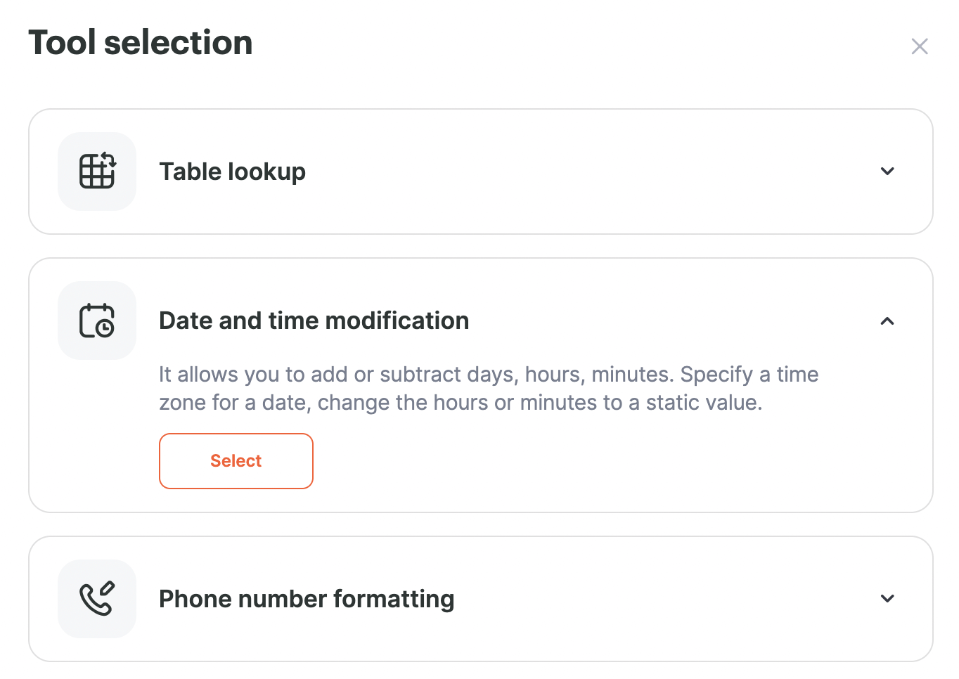 The date and time modification tool in the Tool selection menu