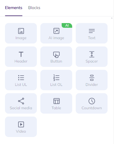 The list of elements available to add inside a block in the new Selzy email builder: Image, AI image, Text, Header, Button, Spacer, List UL, List OL, Divider, Social media, Table, Countdown, Video