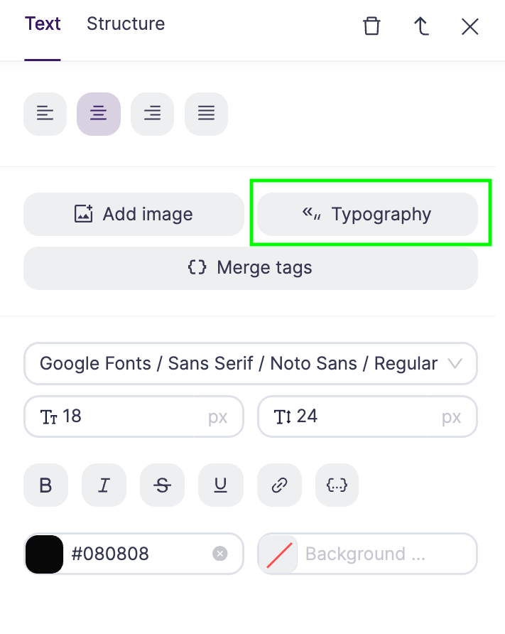 Text settings in Selzy's AI builder in the Build mode with edit options and the Typography button highlighted.