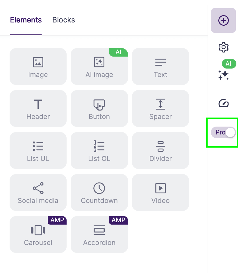 Settings in Selzy's AI builder with Pro switch on the right.