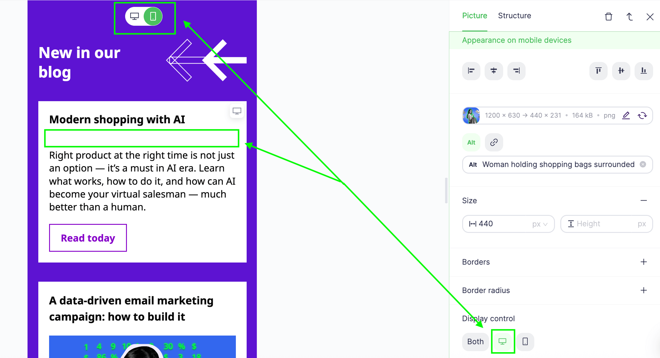 The Mobile view of Selzy's AI builder in the Build mode, with the template example on the left and right-side Picture settings. Instead of the picture that is visible in the Desktop view, there is a wide space between the heading and the text.