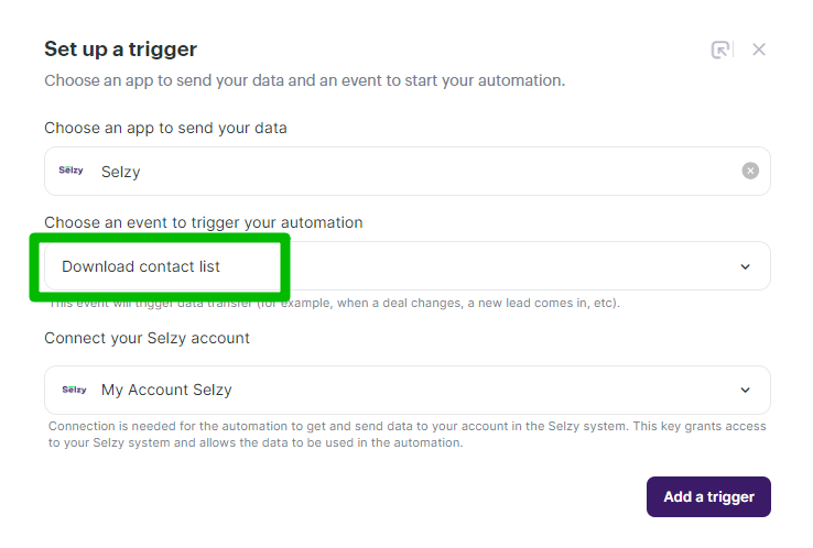 Setting up a trigger for a Selzy-Facebook automation