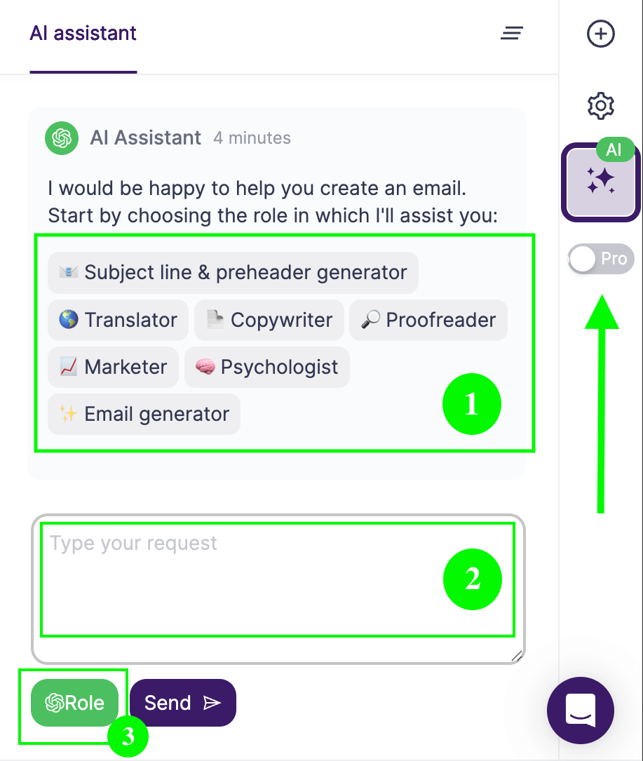 A screenshot of the AI assistant menu in Selzy’s AI builder with five role buttons: Subject line and preheader generator, Translator, Copywriter, Proofreader, Marketer, and Psychologists. Below is an empty prompt field and two buttons — Role and Send.