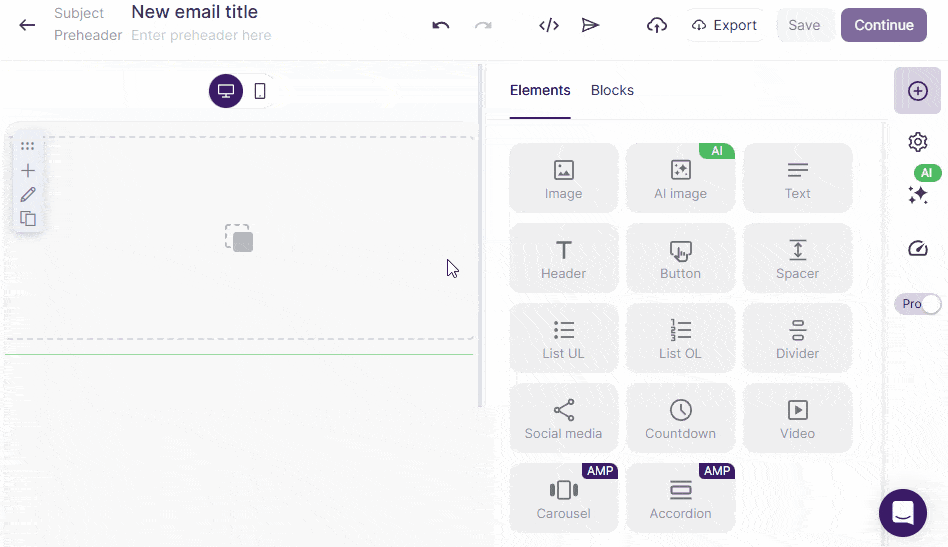 A GIF that depicts an AI Image element that is being dragged to the Email Preview area, then the Image Center screen appears.