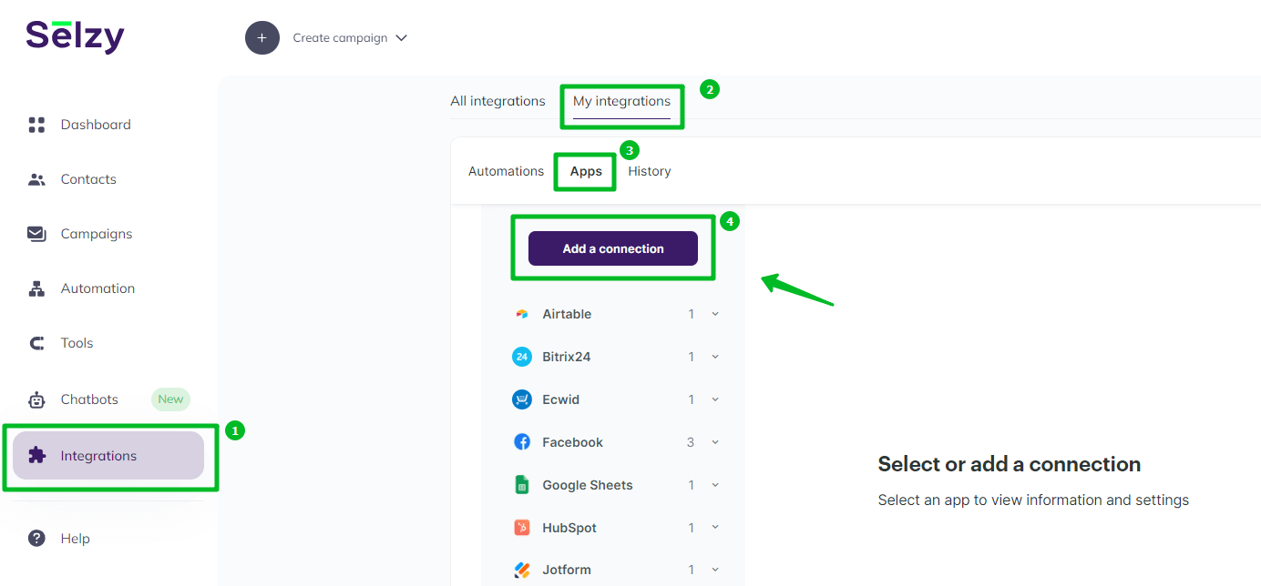 Adding a webhook as a new connection from the Apps list in the My Integrations section of your Selzy account