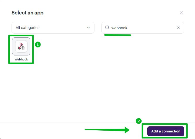 Adding a webhook as a new connection from the Apps list in the My Integrations section of your Selzy account 