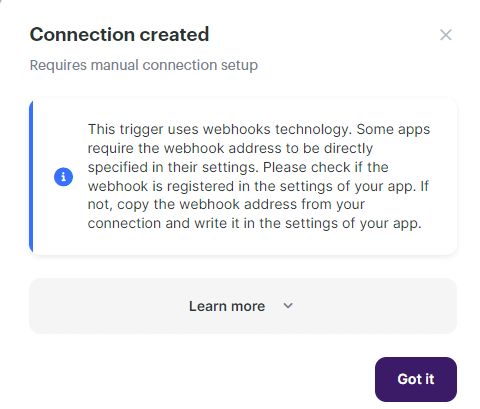 Adding a webhook as a new connection when setting up a trigger for a different connection