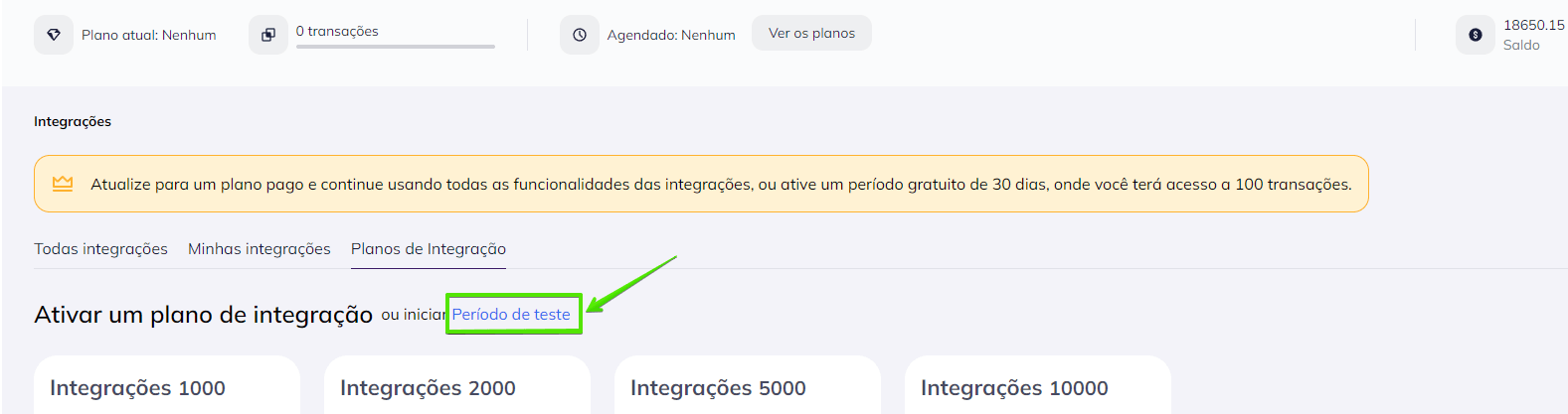 Ativação do teste da funcionalidade de integrações na conta Selzy