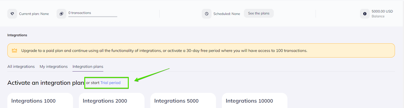 Activating the trial of integrations functionality in Selzy account