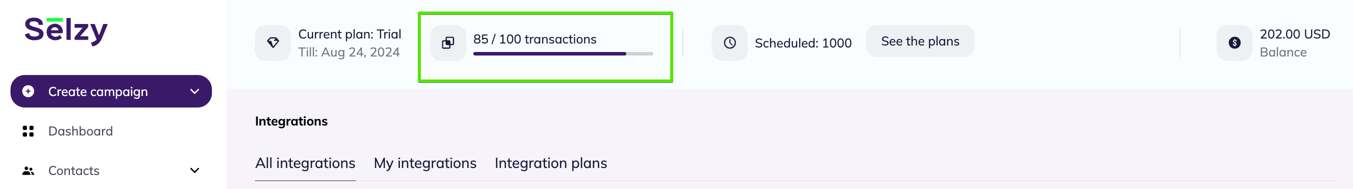 Transaction counter shows that 85 out of 100 transactions are spent