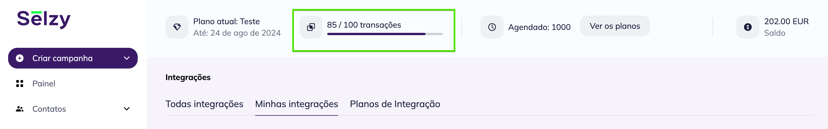 Contador de transações mostrando que 85 de 100 transações foram gastas 