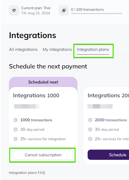 Canceling integration subscription in Selzy account