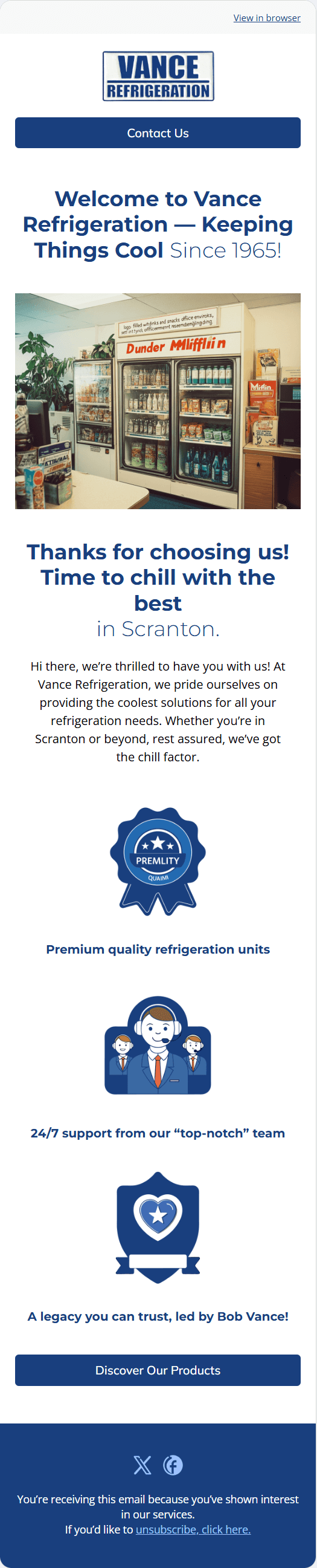 Vance Refrigeration email template for mobile