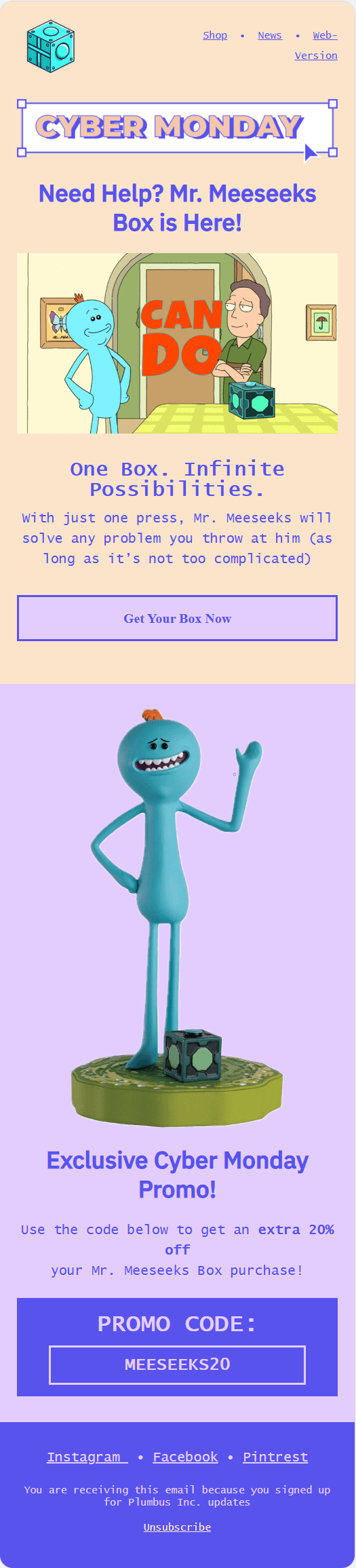 Mr. Meeseeks Box email template for mobile