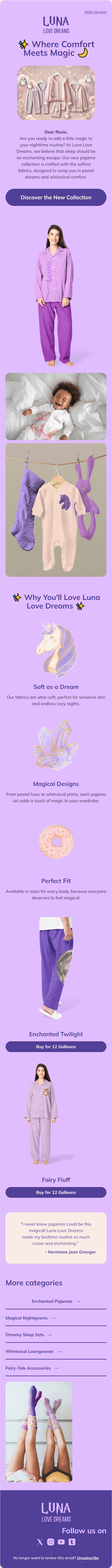 Luna Pajamas email template for mobile