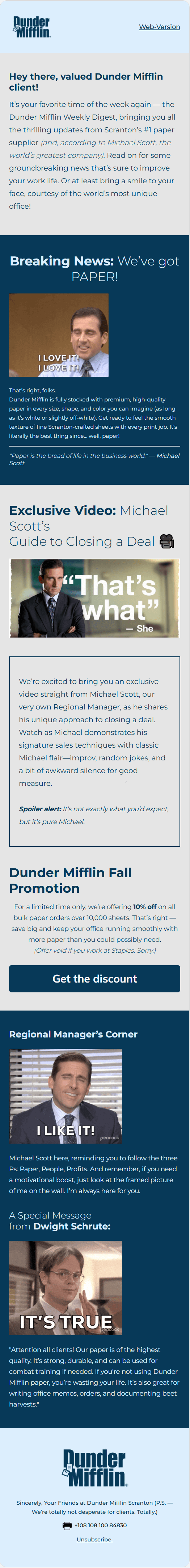 Dunder Mifflin Weekly Digest email template for mobile