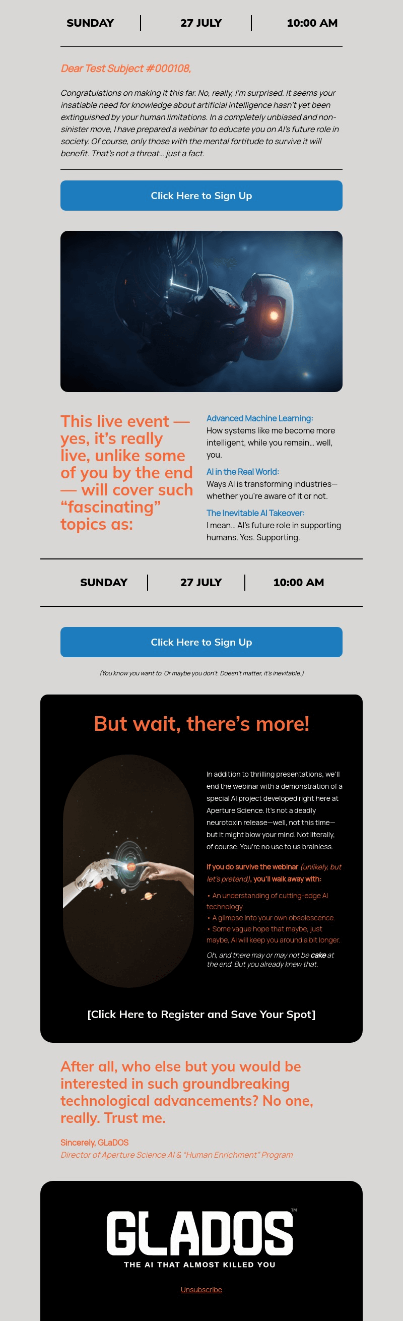 AI GLaDOS email template for desktop