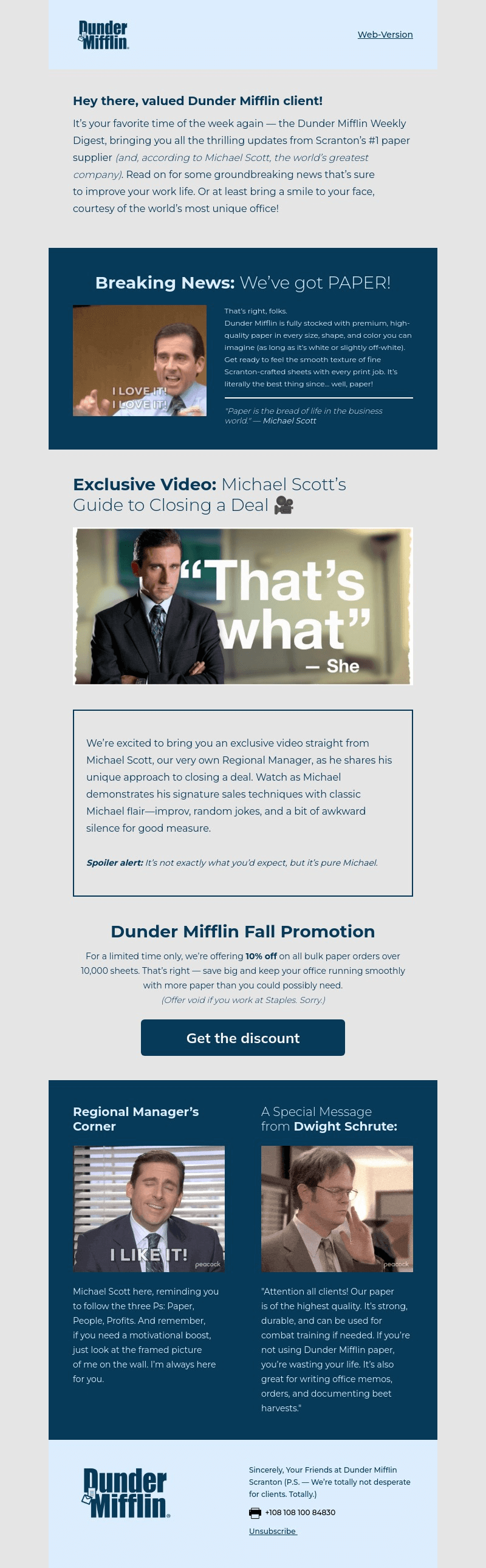 Dunder Mifflin Weekly Digest email template for desktop