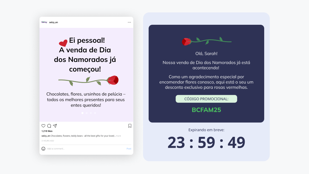 Ilustração de uma publicação em mídia social e e-mail demonstrando técnicas de engajamento