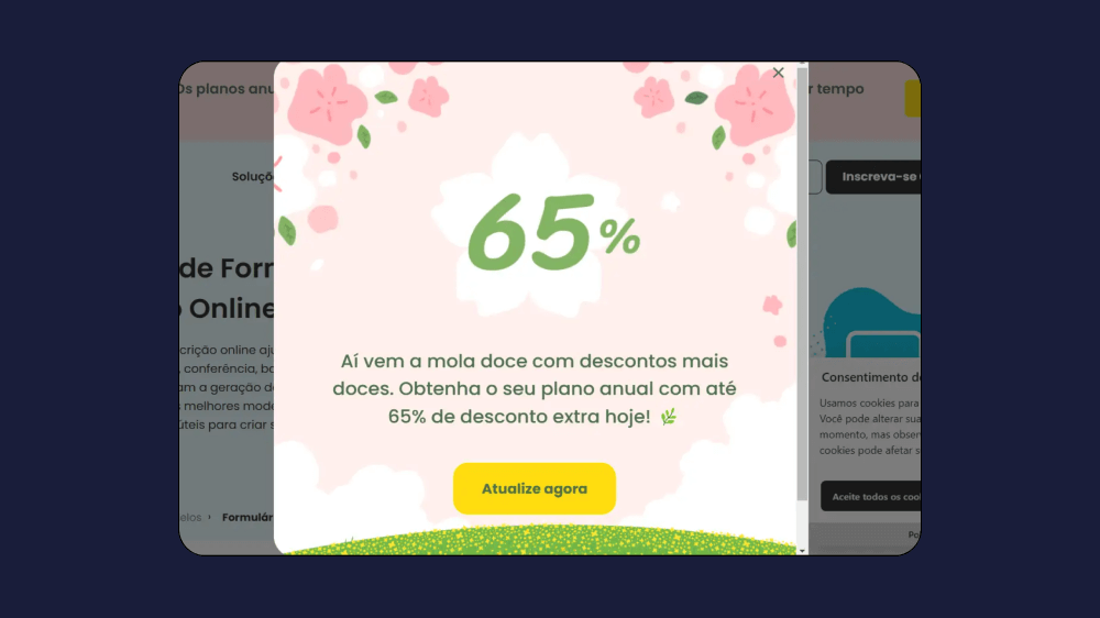 um exemplo de pop-up promocional exibindo uma oferta de desconto para clientes em um site