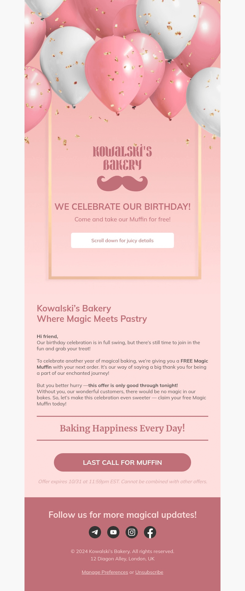 Kowalski’s Magical Bakes email template for desktop