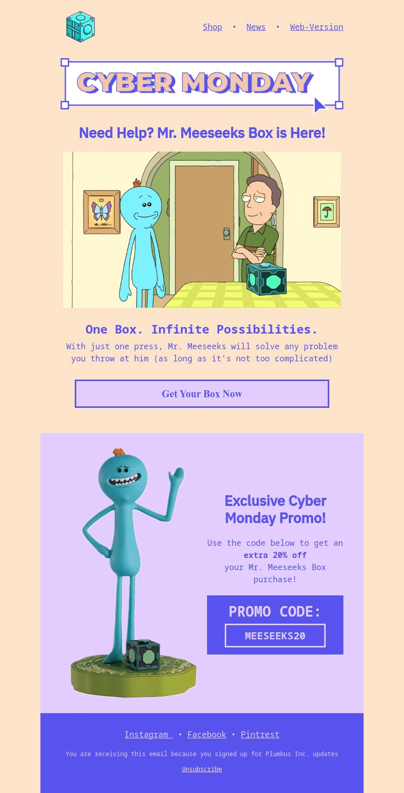 Mr. Meeseeks Box email template for desktop