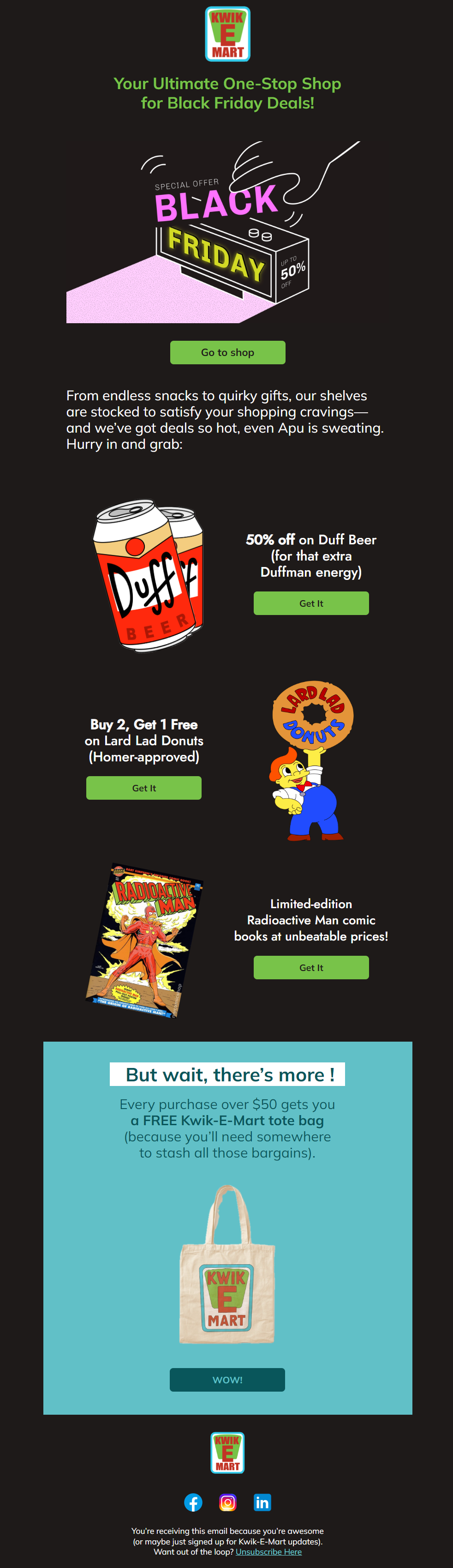 Kwik E-Mart Black Friday email template for desktop